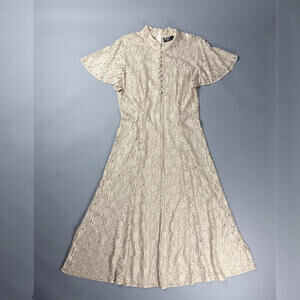 Vintage Beige Lace Dress with Button Front and Flutter Sleeves